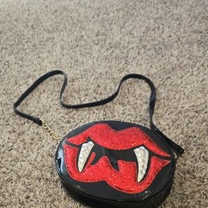 Betsey Johnson Black and Red Crossbody Bag with Glittery Lip Vampire Teeth